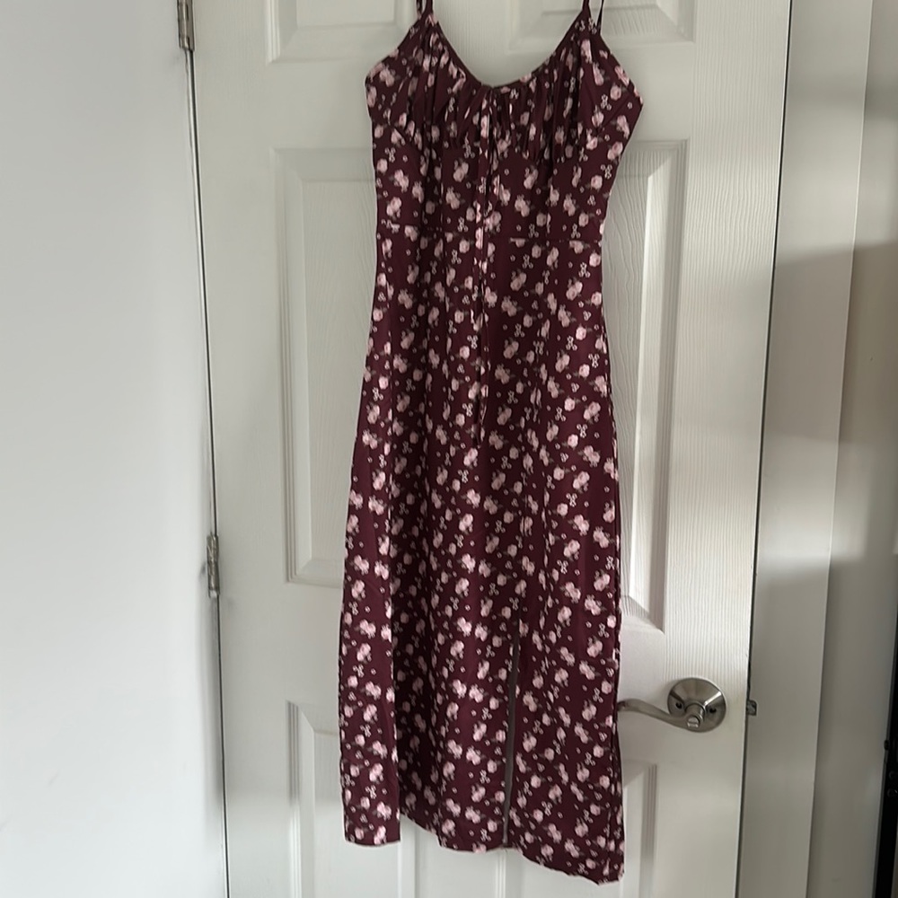 Shein Floral maroon and pink floral spaghetti strap dress with slit
